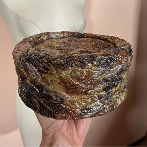 Vintage 1960’s metallic gold floral brocade Tall beehive Pill Box Hat